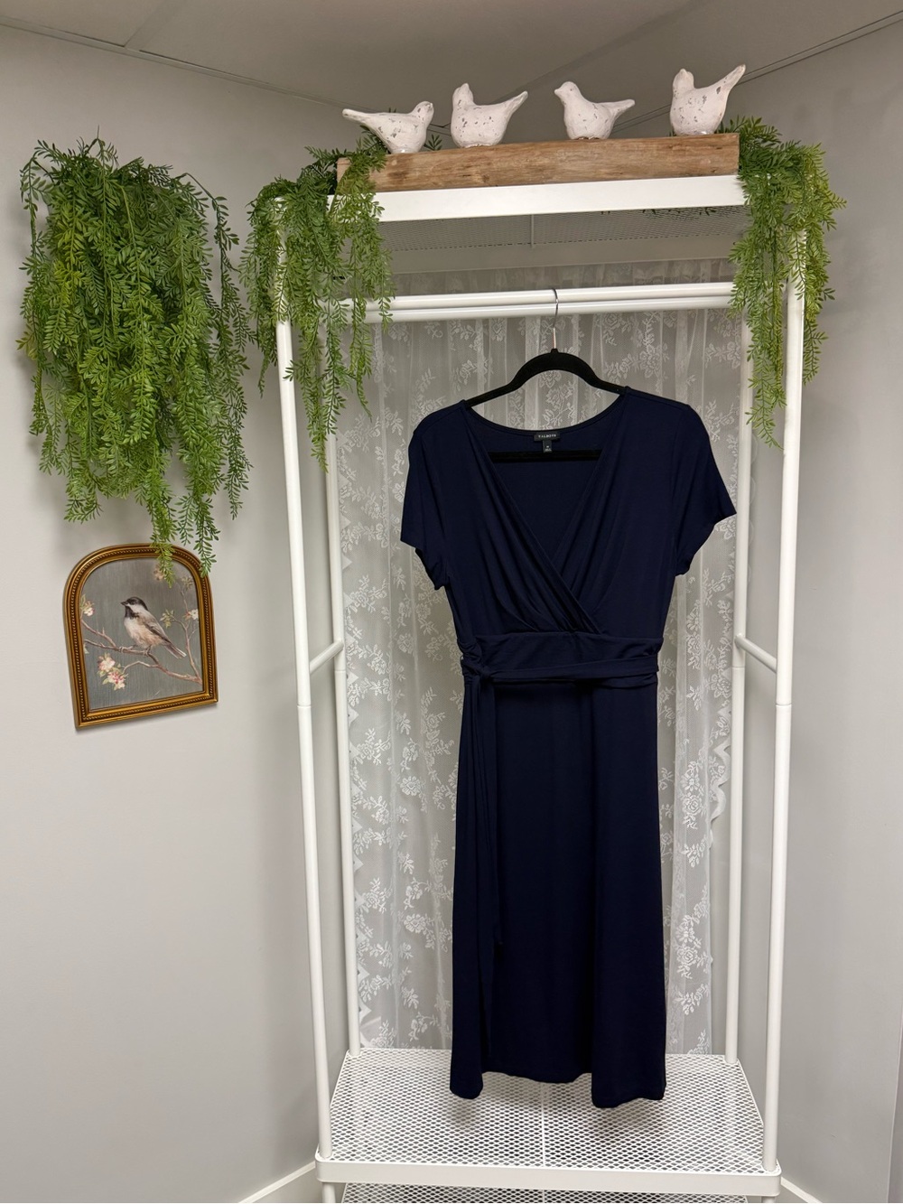 Talbots Navy Blue Faux Wrap Midi Dress Medium Stretch Knit Short Sleeve - Medium
